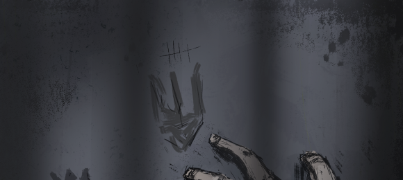 Rysunek: dłoń dotyka ściany, na której wydrapano symbol tryzuba