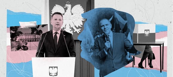 Kolaż zdjęć przedstawiających Rafała Trzaskowskiego i Karola Nawrockiego, pałac prezydencki, polskie godło oraz postać w lokalu wyborczym. W tle zarys profilu Donalda Trumpa i kolory flagi osób transpłciowych