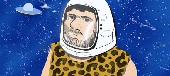 ilustracja przedstawiająca stereotypowego jaskiniowca w skórze z leoparda z nałożonym hełmem kosmicznym, na tle rozgwieżdżonego nieba i trzech spodków UFO