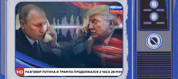 Grafika w ramce starego telewizora zdjęcia Putina i Trumpa ze słuchawkami telefonów