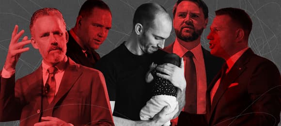 Czarno-biały kolaż ze zdjęć przedstawiający pogodnego mężczyznę trzymającego małe dziecko w ramionach. Dookoła niego, wybarwione na czerwono postacie w rozemocjonowanych pozach - Jordan Peterson, Karol Nawrocki, J.D. Vance i Sławomir Mentzen.