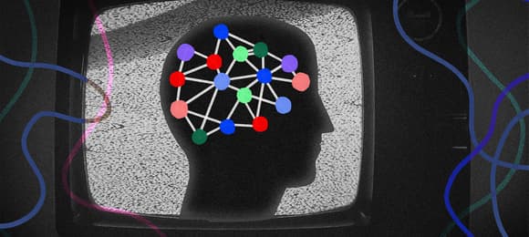 Na ciemnym tle ekran telewizora a na nim zarys ludzkiej głowy z kolorowymi światełkami wewnątrz