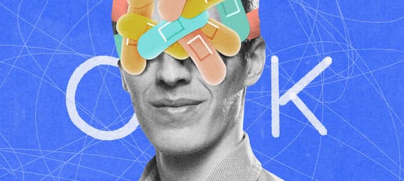 Ilustracja przedstawia mężczyznę z licznymi plastrami opatrunkowymi, które zasłaniają górną cześć jego twarzy. W tle litery OK