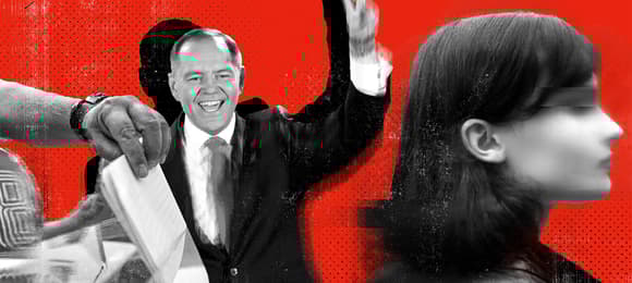 Na czerwonym tle sylkwetka Karola Nawrockiego, na pierwszym planie głowa kobiety
