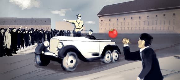 Ilustracja – osoba na pierwszym planie rzuca w Hitlera stojącego w jadącym aucie pomidorem.