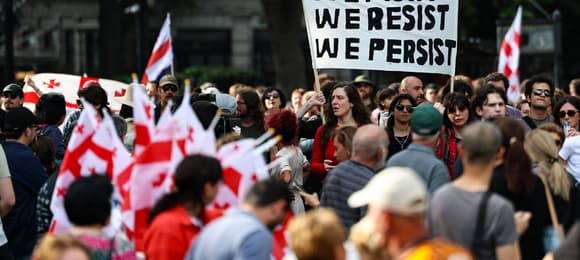 Tłum z flagami Gruzji. Widać transparen z napisem We Fight, We resist, We persisit