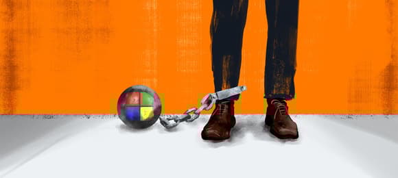 Ilustracja, widoczne są dwie nogi i buty osoby, do jednej z nóg doczepiona jest łańcuchem ciężka kula na której znajduje się logo Microsoft.