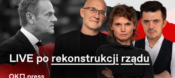 Kolaż z sylwetkami trójki dziennikarzy OKO.press i Donalda Tuska