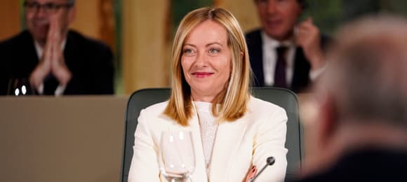 Italian Prime Minister Giorgia Meloni during the Group of Seven (G7) Summit at the Pomeroy Kananaskis Mountain Lodge in Kananaskis, Alberta, Canada on June 17, 2025. (Photo by Geoff Robins / AFP)