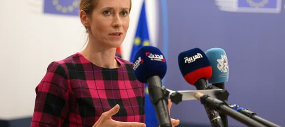 Kaja Kallas, the European Union's high representative for foreign affairs and security policy and vice president of the European Commission talks to journalists before the EU-Southern Neighbourhood Ministerial Meeting in Brussels on July 14, 2025. The meeting gathers ministers from the EU and the region ahead of the 30th anniversary year of the Barcelona Declaration in November. (Photo by NICOLAS TUCAT / AFP)