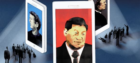 Ilustracja przedstawia smartfony na ekranach których są podobizny Elona Muska, Marka Zuckerberga i Xi Jinpinga. Przed smartfonami stoją wpatrzone w nie grupy ludzi.