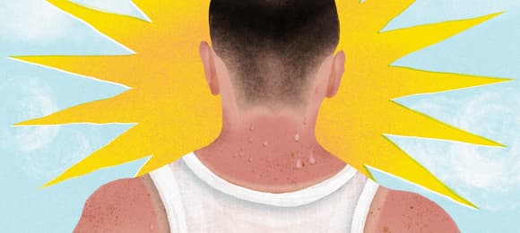 Ilustracja przedstawia odwróconego tyłem mężczyznę w podkoszulku, który patrzy prosto w słońce.