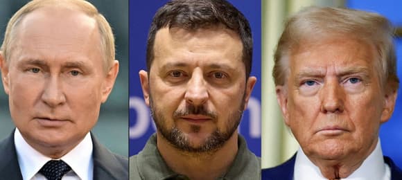 Trzy zdjęcia portretowe: Putina, Żełenskiego i Trumpa. Zełenski w srodku