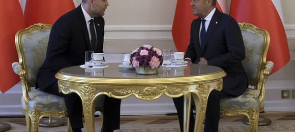 14.08.2025 Warszawa , Krakowskie Przedmiescie , Palac Prezydencki . Prezydent RP Karol Nawrocki (l) i Premier Donald Tusk (p) podczes pierwszego oficjalnego spotkania po zaprzysiezeniu prezydenta RP .Fot. Slawomir Kaminski / Agencja Wyborcza.pl