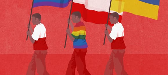 Grafika: na czerwonym tle trzy postaci. Jedna ma biało-czerwoną koszulkę i tęczową flagę, druha - tęczową koszulkę i biało-czerwoną flagę, trzecia - koszulkę biało-czerwoną i ukraińską flagę