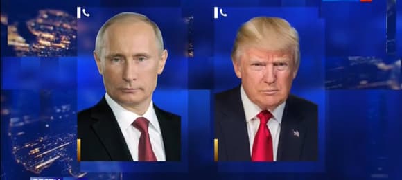 Putin (oficjalne, odmłodzone zdjęcie) i Trump. Oficjalne fotografie z rosyjskiej telewizji