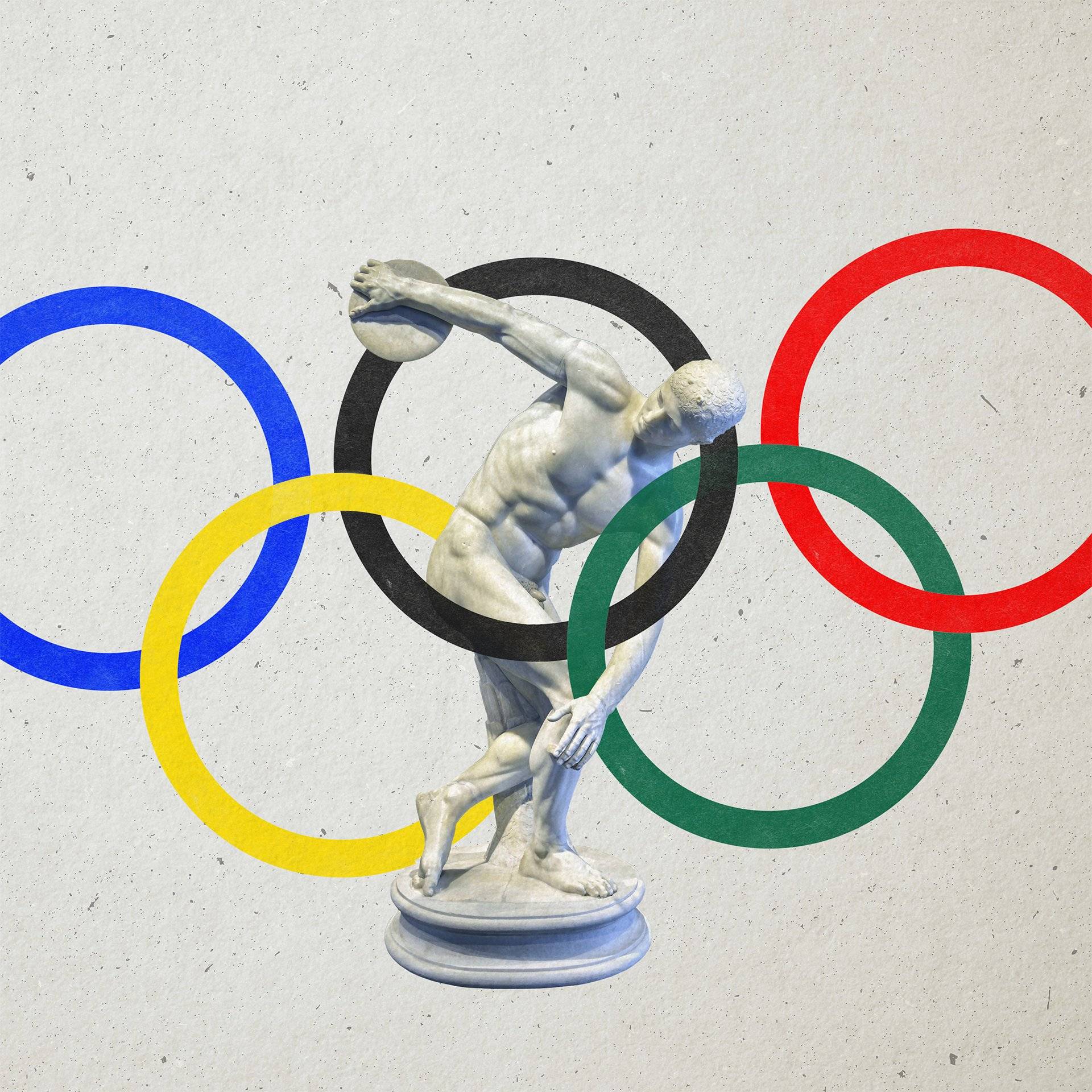 Rysunek pięciu kolorowych kół olimpijskich z figurką dyskobola w środku