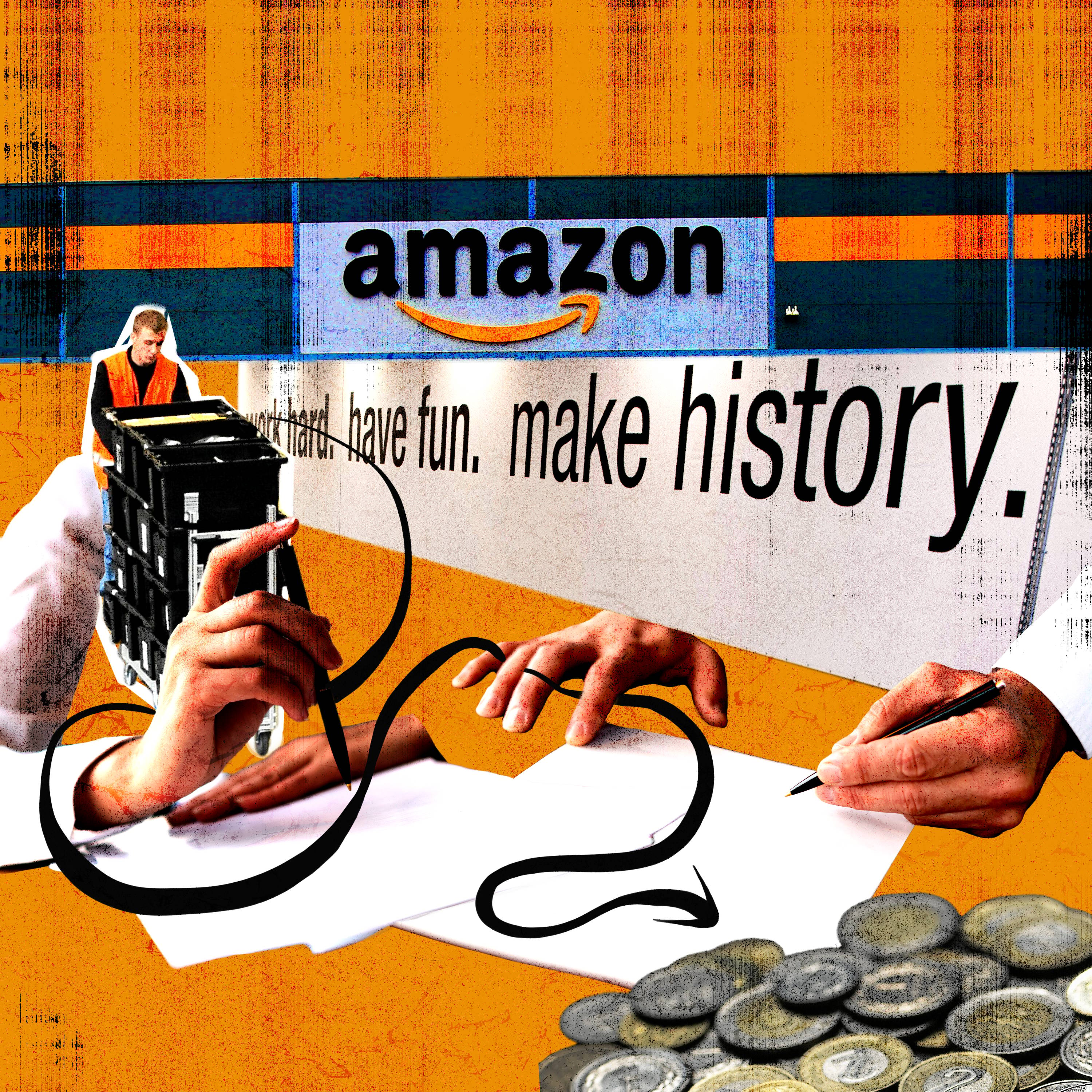 Ilustracja przedstawiająca logo firmy Amazon, monety i ręce podpisujące dokumenty.