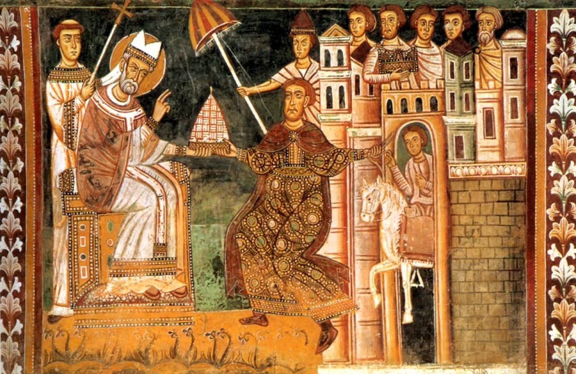 Cesarz Konstantyn ofiarowuje papieżowi Sylwestrowi I tiarę cesarską, symbol władzy doczesnej, fresk w Oratorium San Silvestro w Rzymie.