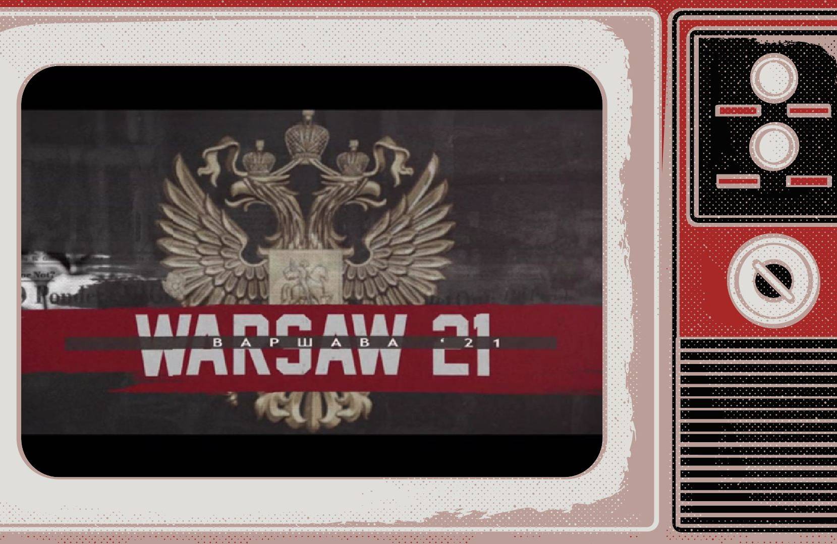 Grafika, W ramce starego telewizora plansza z napisem po angielsku i rosyjsku "Warszawa'21" na tle herbu Rosji