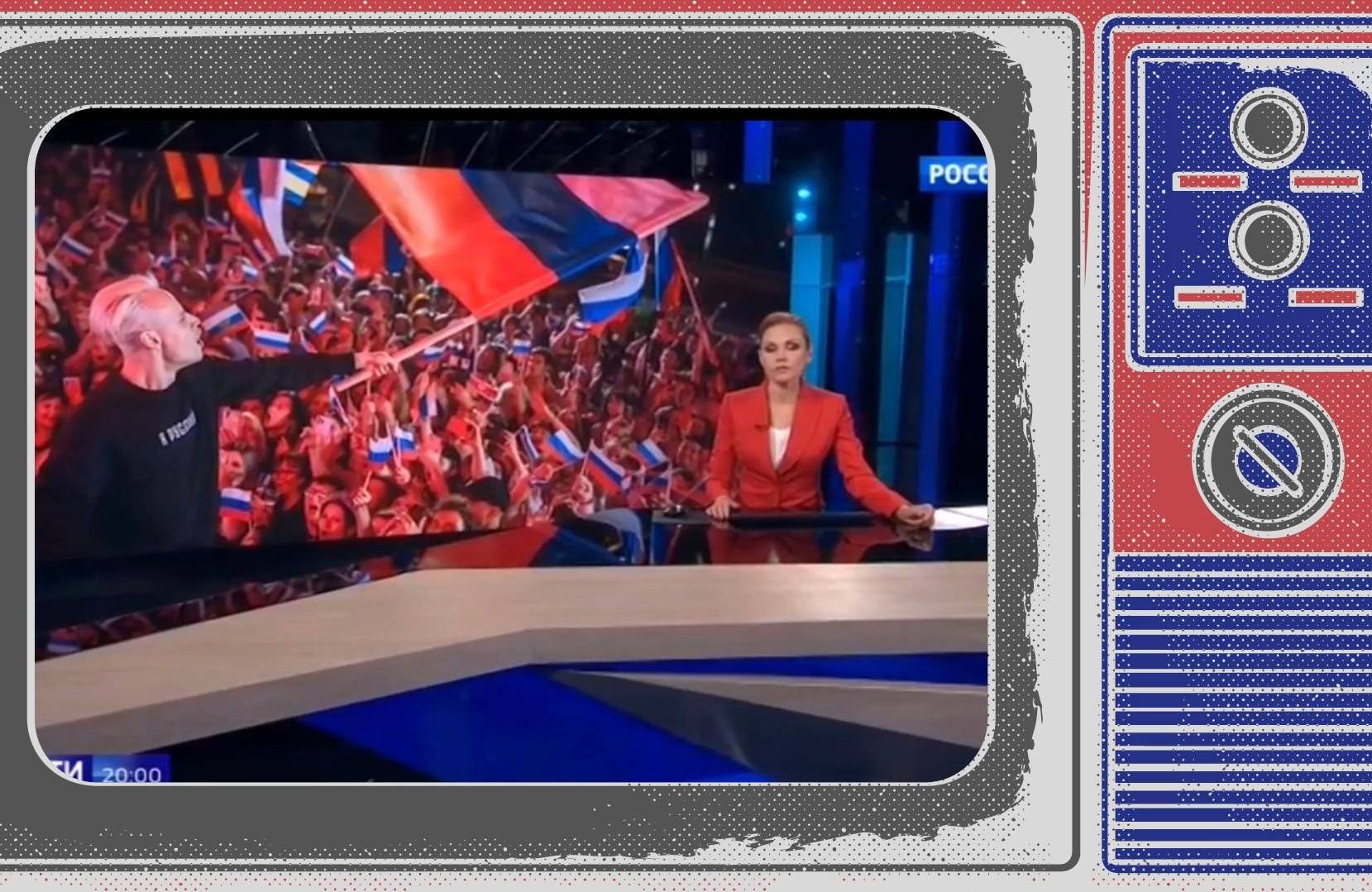 Grafika: migawka z blond-piosenkarzem machającym rosyjjską flagą w ramce starego telewizora
