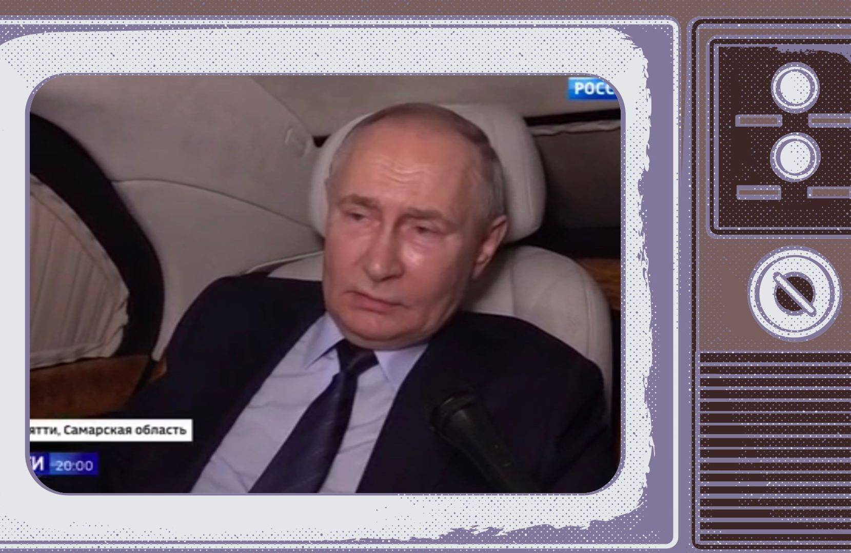 Grafika. W ramce starego telewizora zdjęcie Putina siedzącego w limuzynie