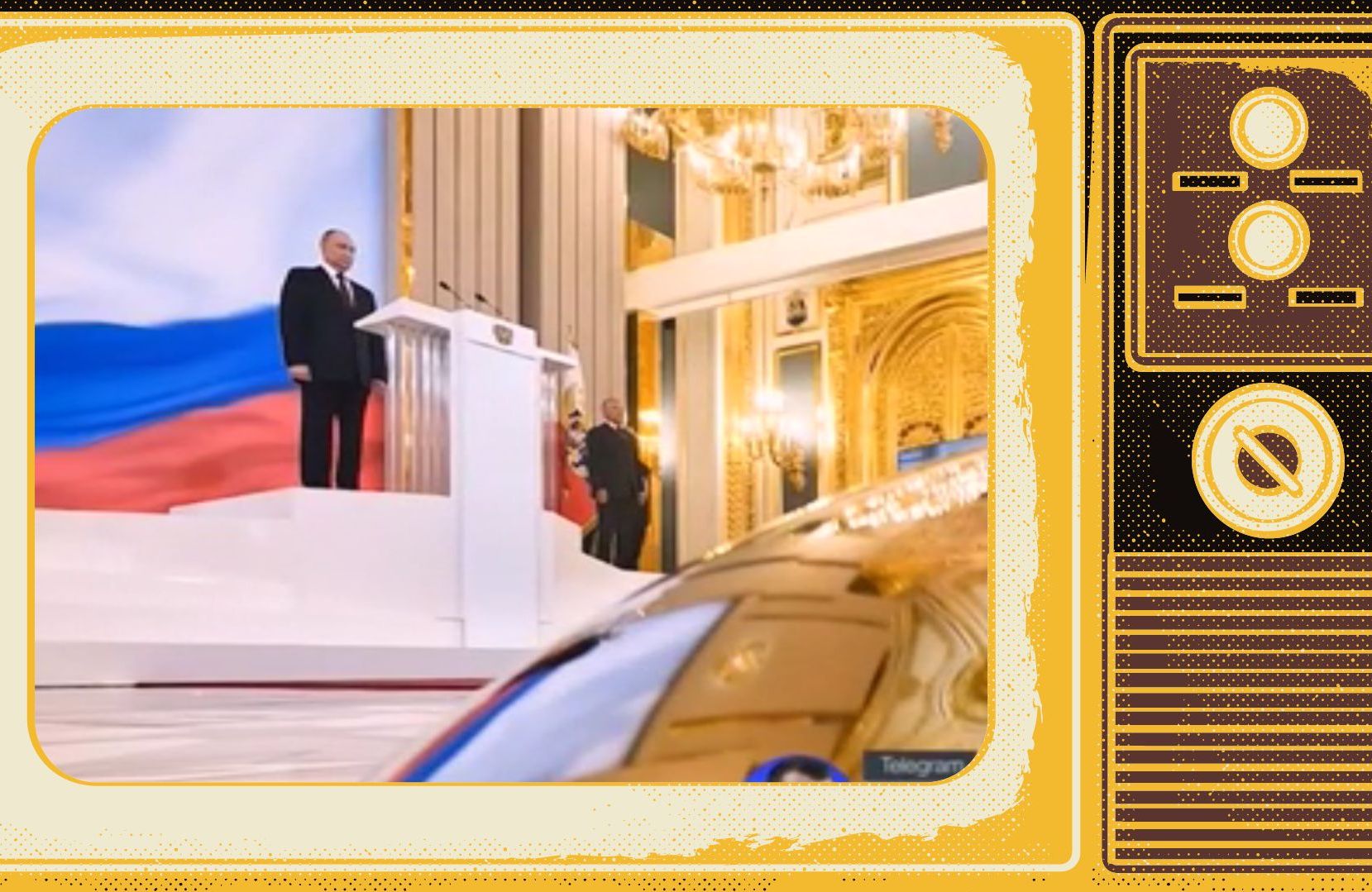 Grafika. Zdjęcie Putina w złoconej sali w ramce starego telewizora