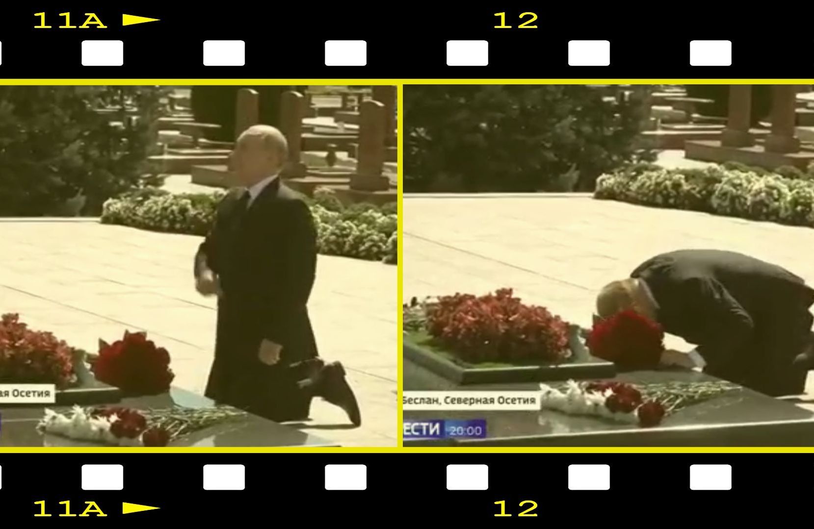 Sklejka dwóch zdjęć pokazująca Putina żegnającego się na kolanach i bijącego pokłony koło wieńca z czerwonych róż