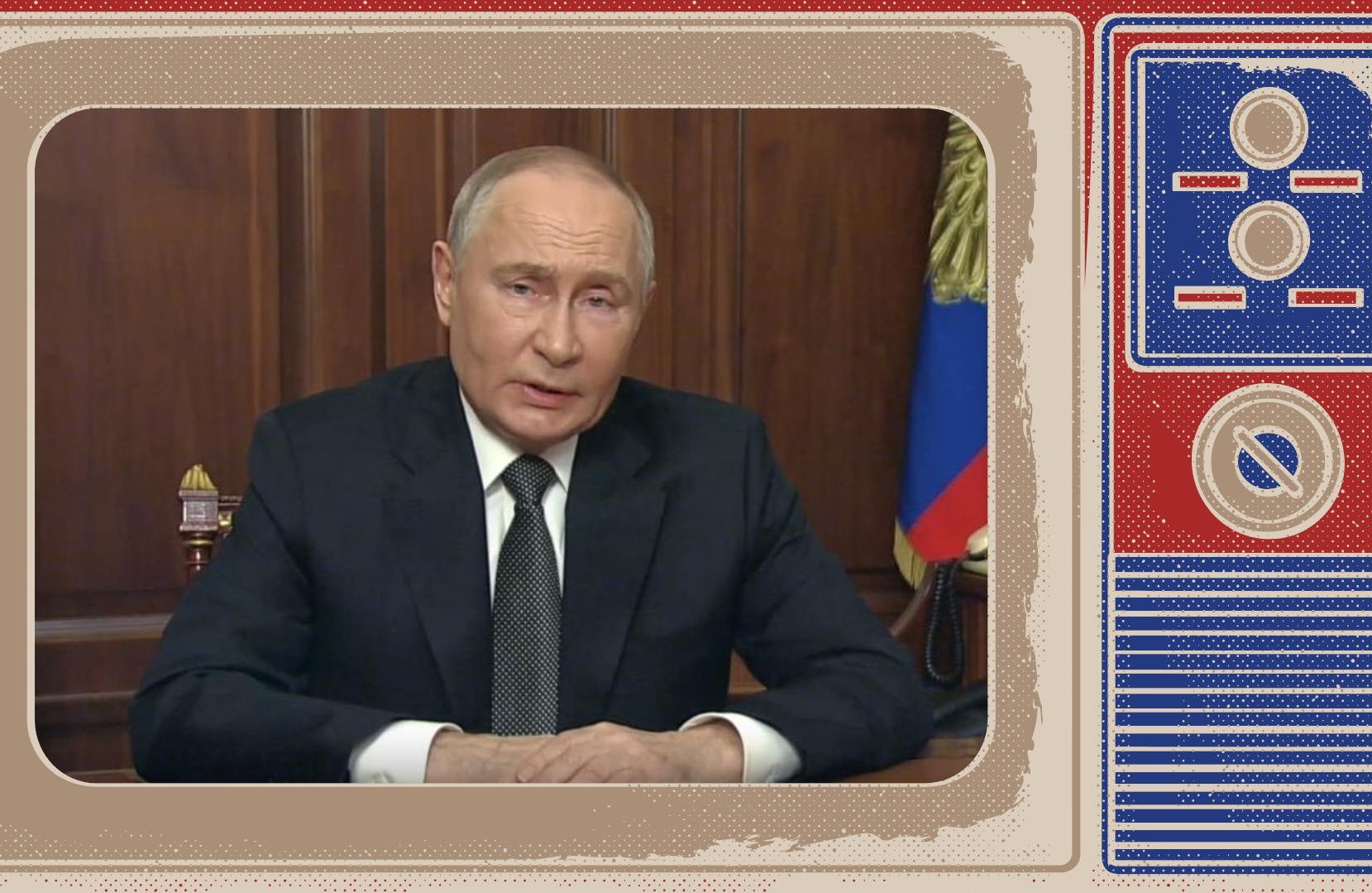 Putin przemawiający w ramce starego telewizora