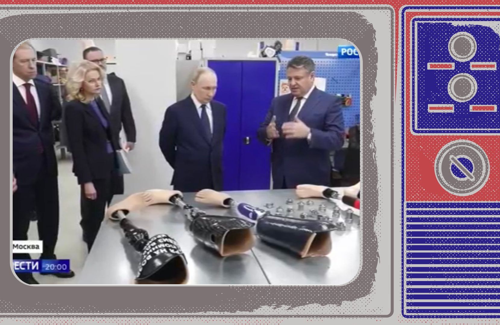 W ramce starego telewizora zdjęcie Putina oglądającego protezy nóg