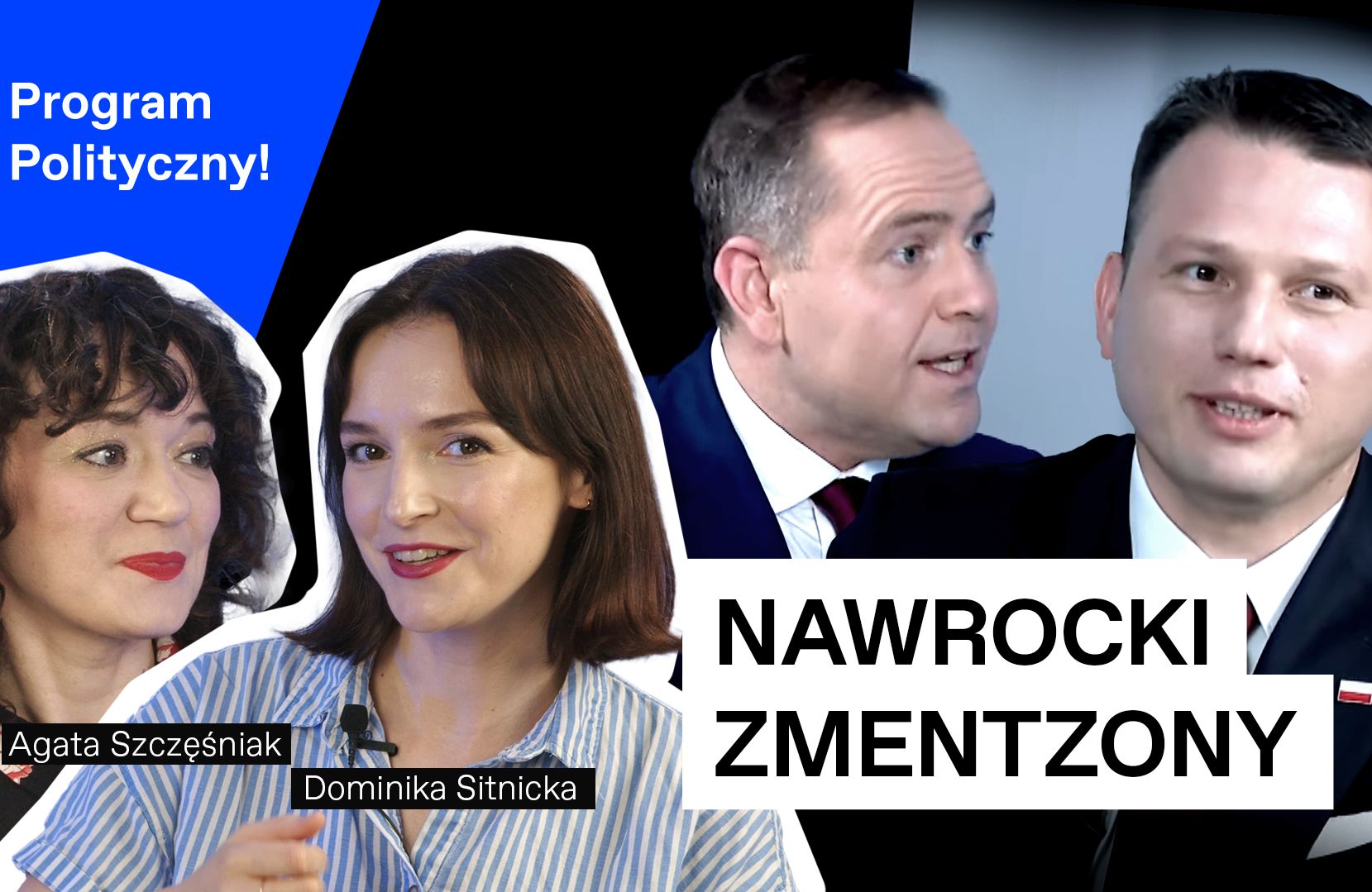 Od lewej: Agata Szczęśniak, Dominika Sitnicka, Karol Nawrocki, Sławomir Mentzen. Napis: Nawrocki Zmentzony, il. Mateusz Mirys / OKO.press / Agencja Gazeta