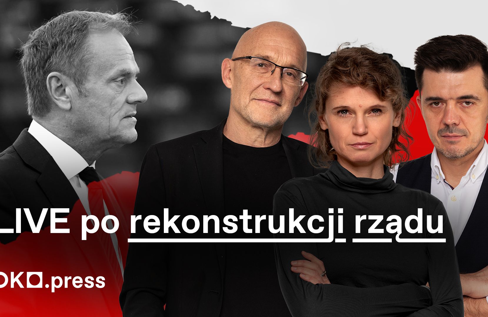 Kolaż z sylwetkami trójki dziennikarzy OKO.press i Donalda Tuska