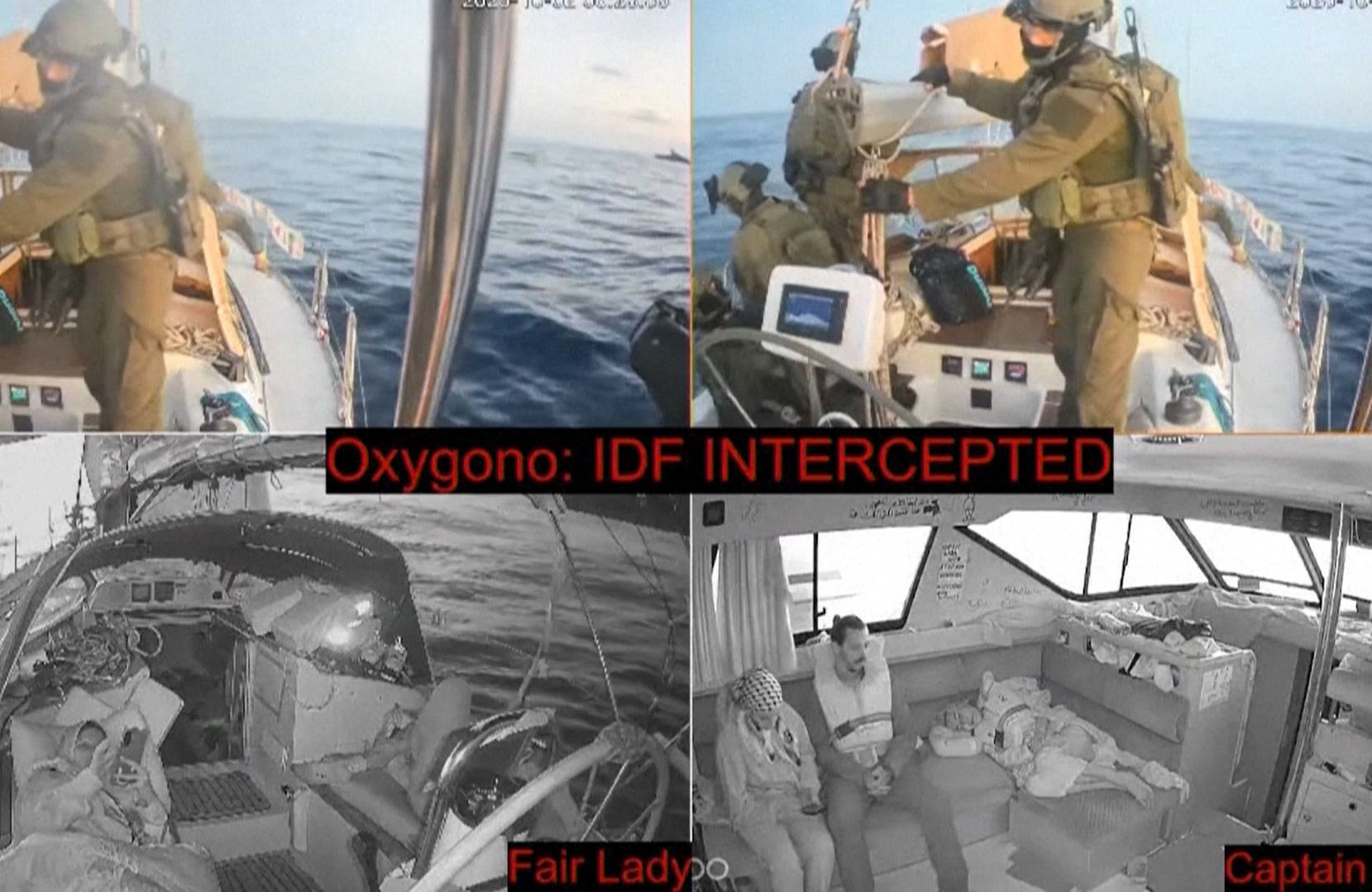 izraelscy żołnierze zatrzymują aktywistów Global Sumud Flotilla, wyvrzeże Gazy, październik 2025