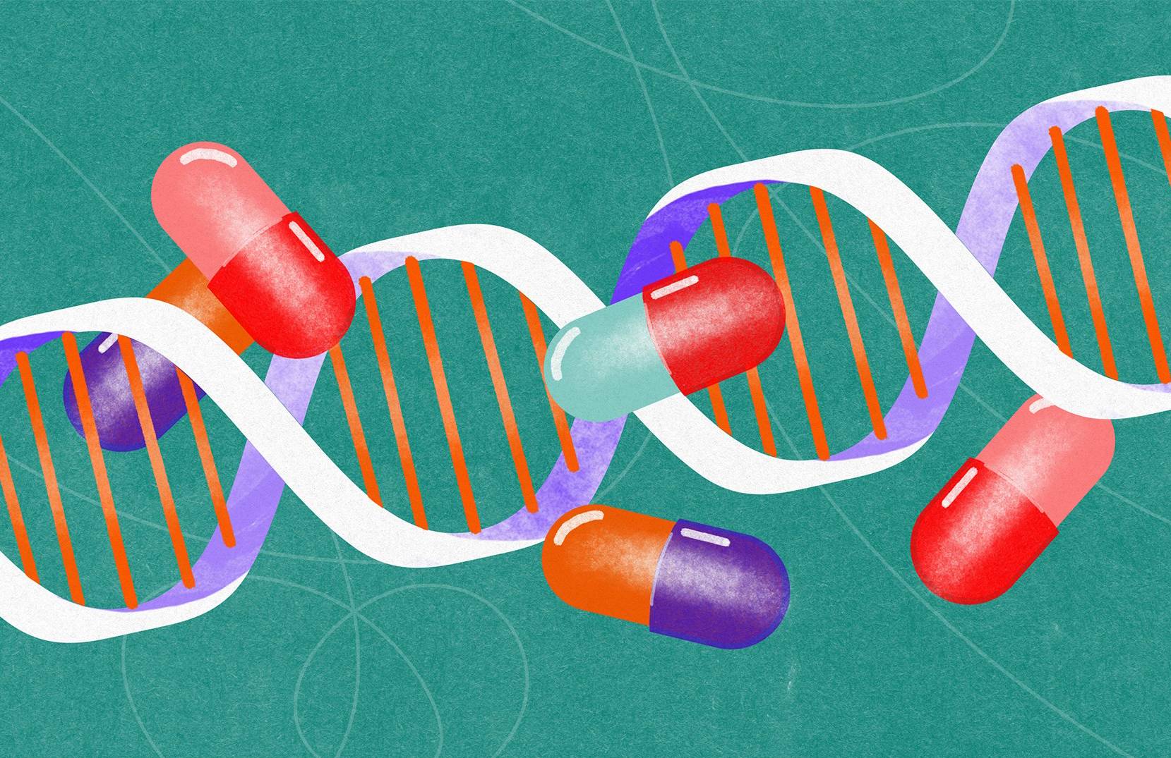 Ilustracja przedstawia spirale DNA, na ich tle kilka kolorowych pigułek