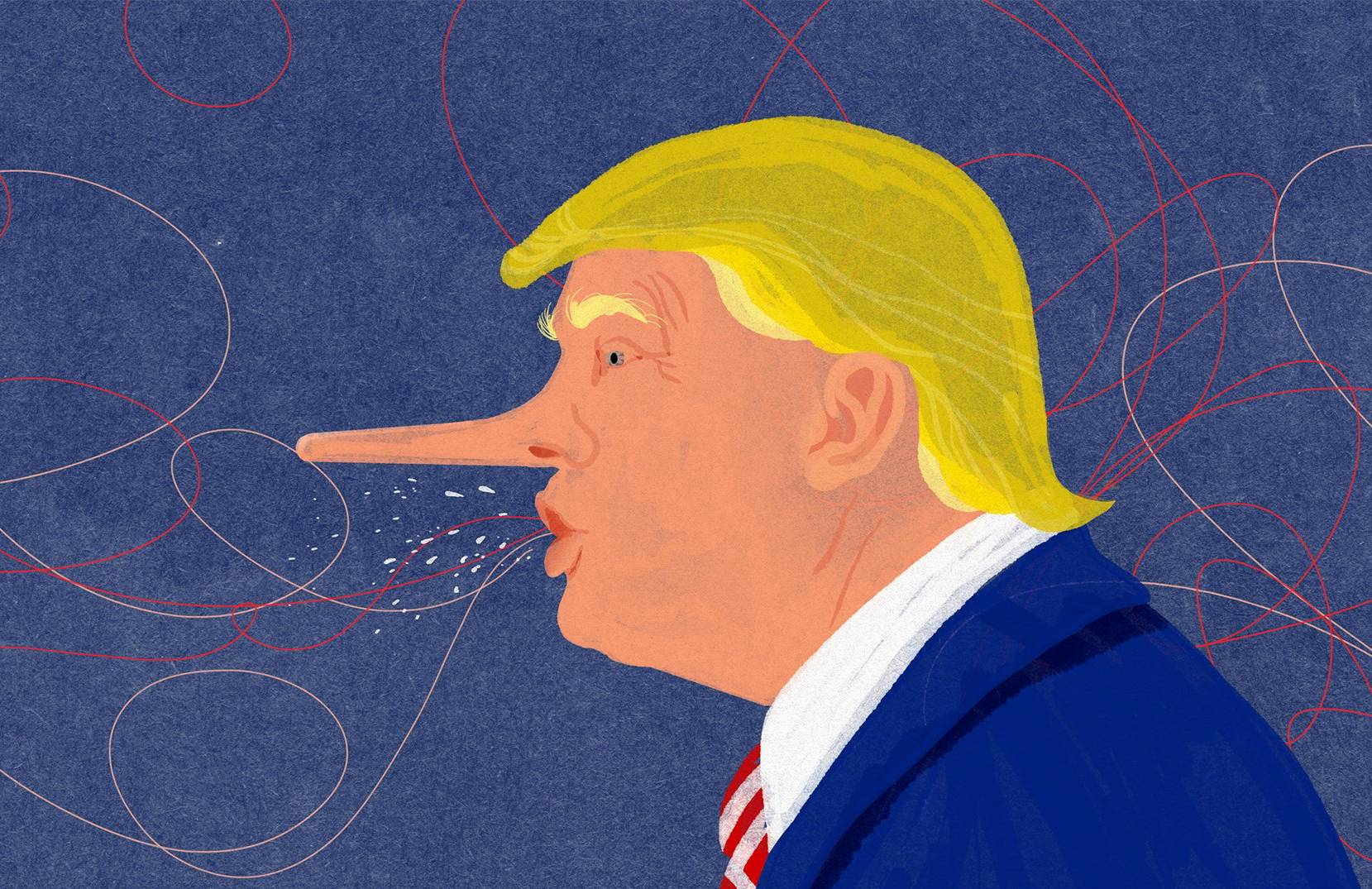 Ilustracja przedstawia profil Donalda Trumpa z wydłużonym nosem. Z jego ust wydobywają się kropelki śliny i wijące się linie.