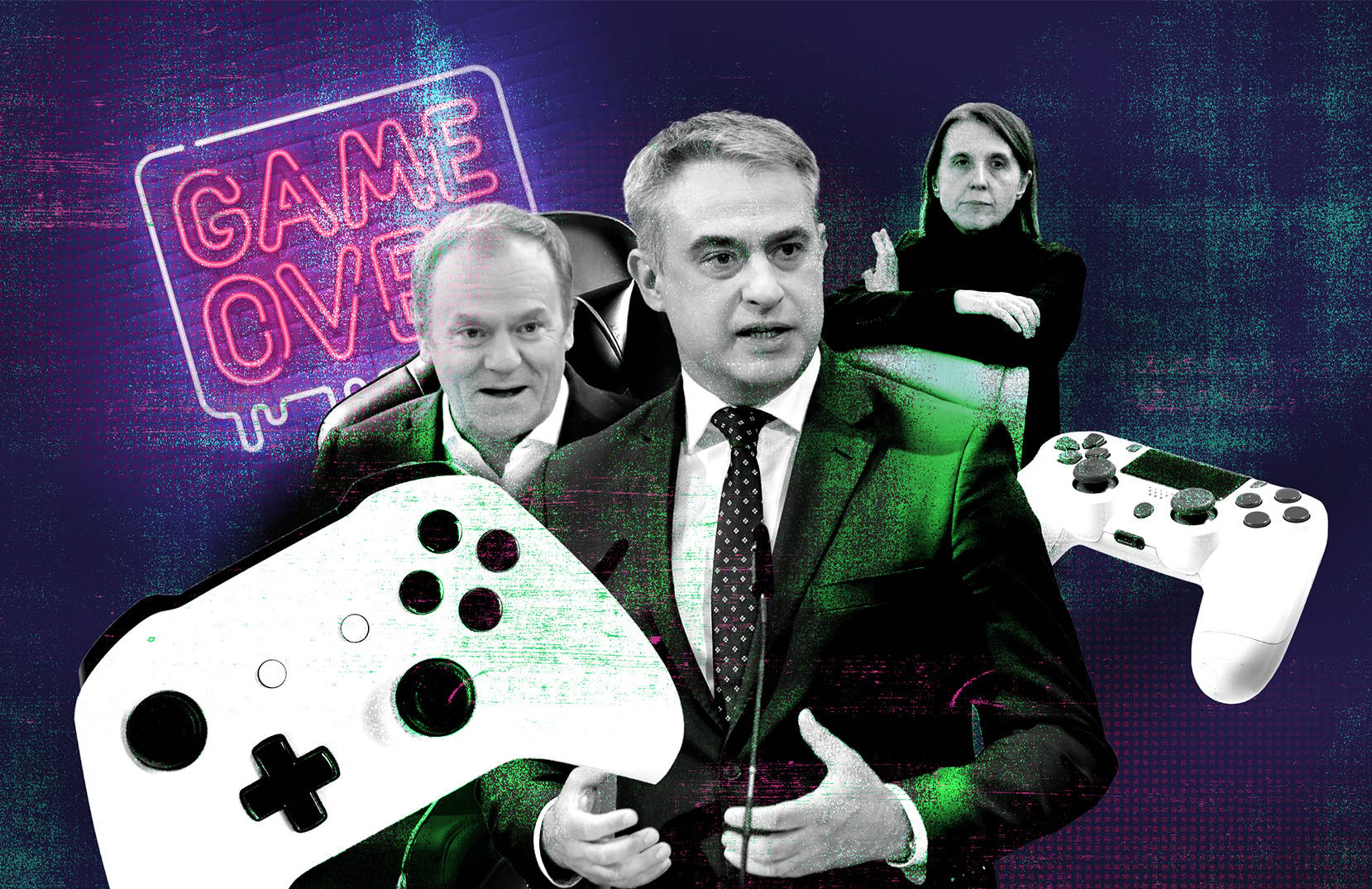 olaż zdjęć, na pierwszym planie kontroler do gier, za nim zdjęcia: Krzysztofa Gawkowskiego, Donalda Tuska, Hanny Wróblewskiej, w tle kolejny kontroler oraz neon z napisem "Game Over", na kolaż nałożone efekty zakłóceń