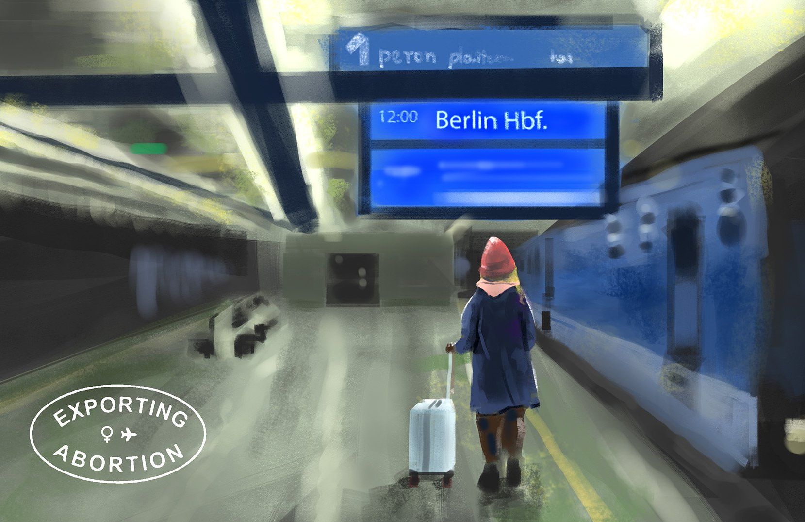 Ilustracja – postać młodej kobiety stoi na peronie, na tablicy odjazdu napis „Berlin Hbf.”