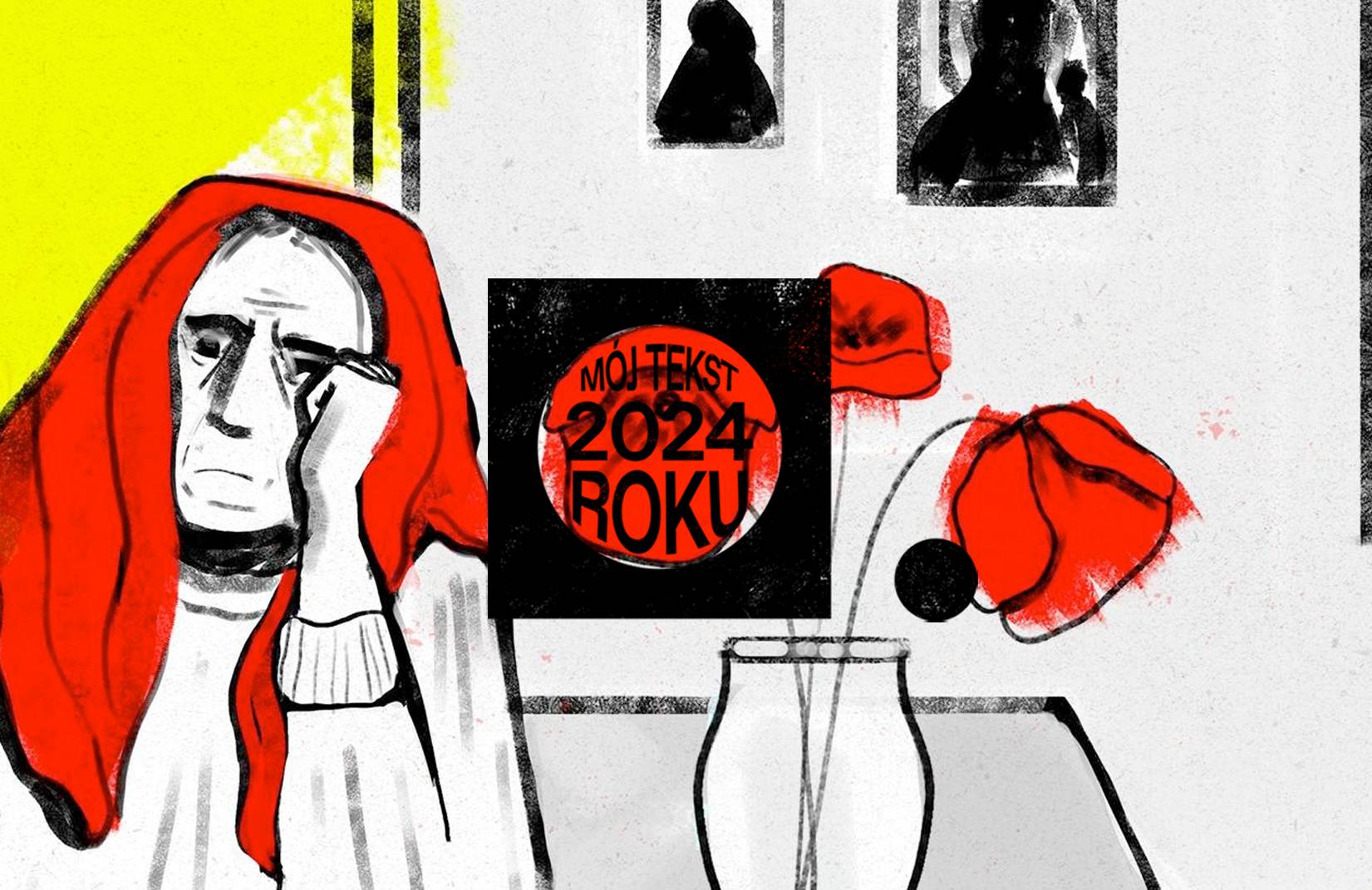 Rysunek przedstawia schemtycznie starszą osobe z czerwona chustką na głowie przystole, na którym są czerwone maki w wazonie