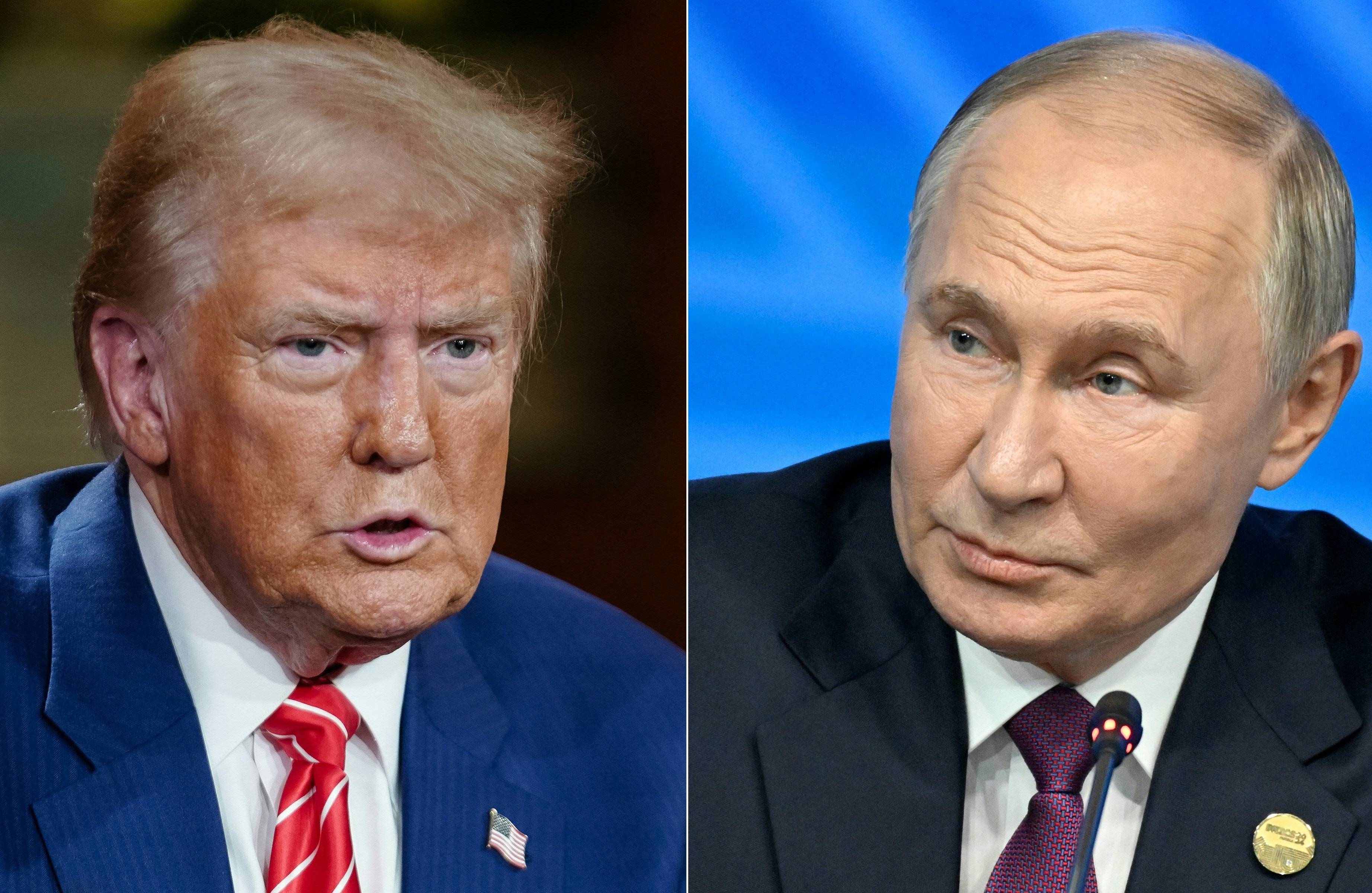 Dwa zestawione ze sobą zdjęcia starszych mężczyzn: Trump i Putin