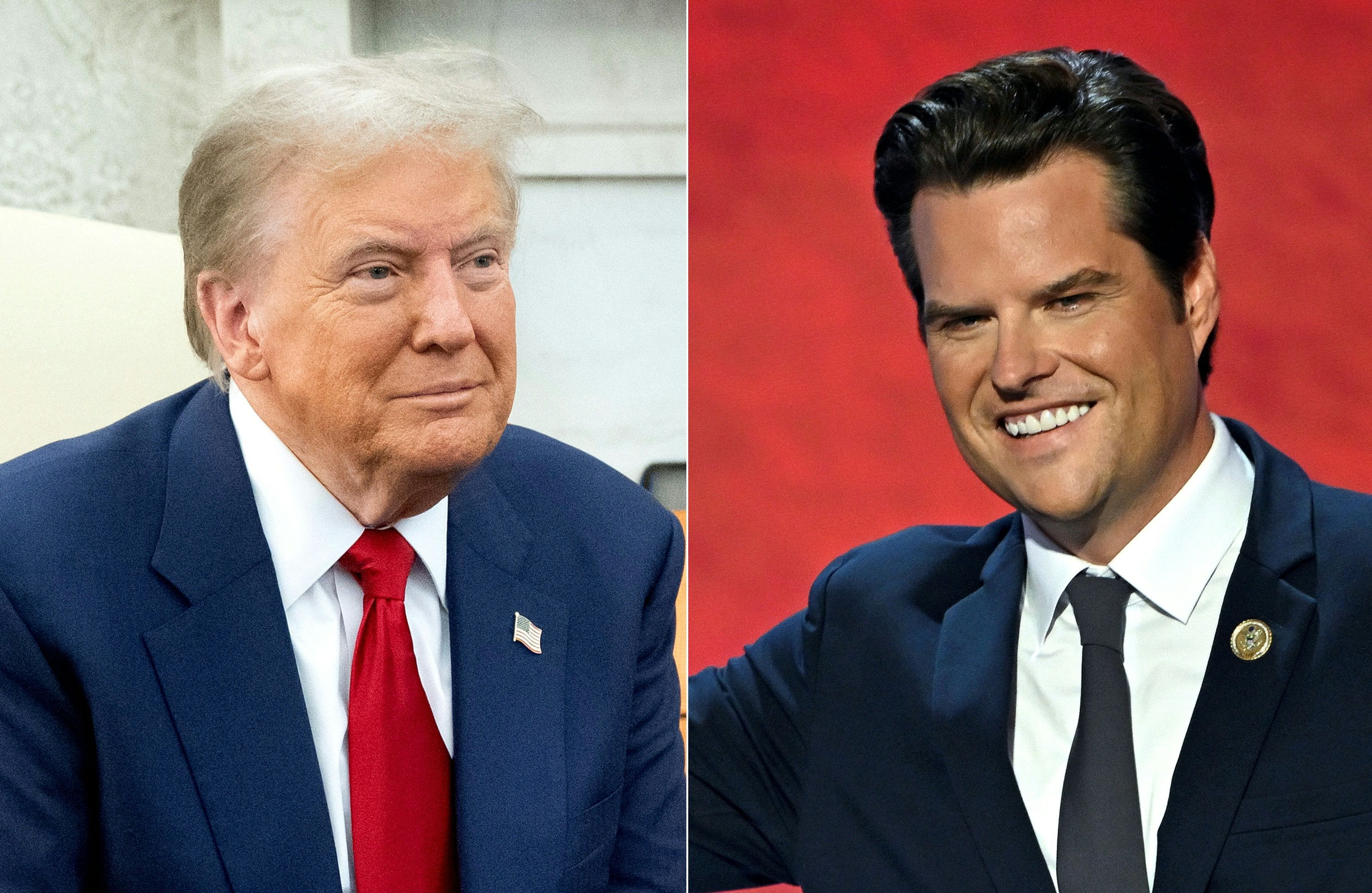 Dwa zdjęcia: po lewej siwy mężczyzna w marynarce z czerwonym krawatem (Trump) i opalony, z białymi zębami młodszy brunet (Gaetz)
