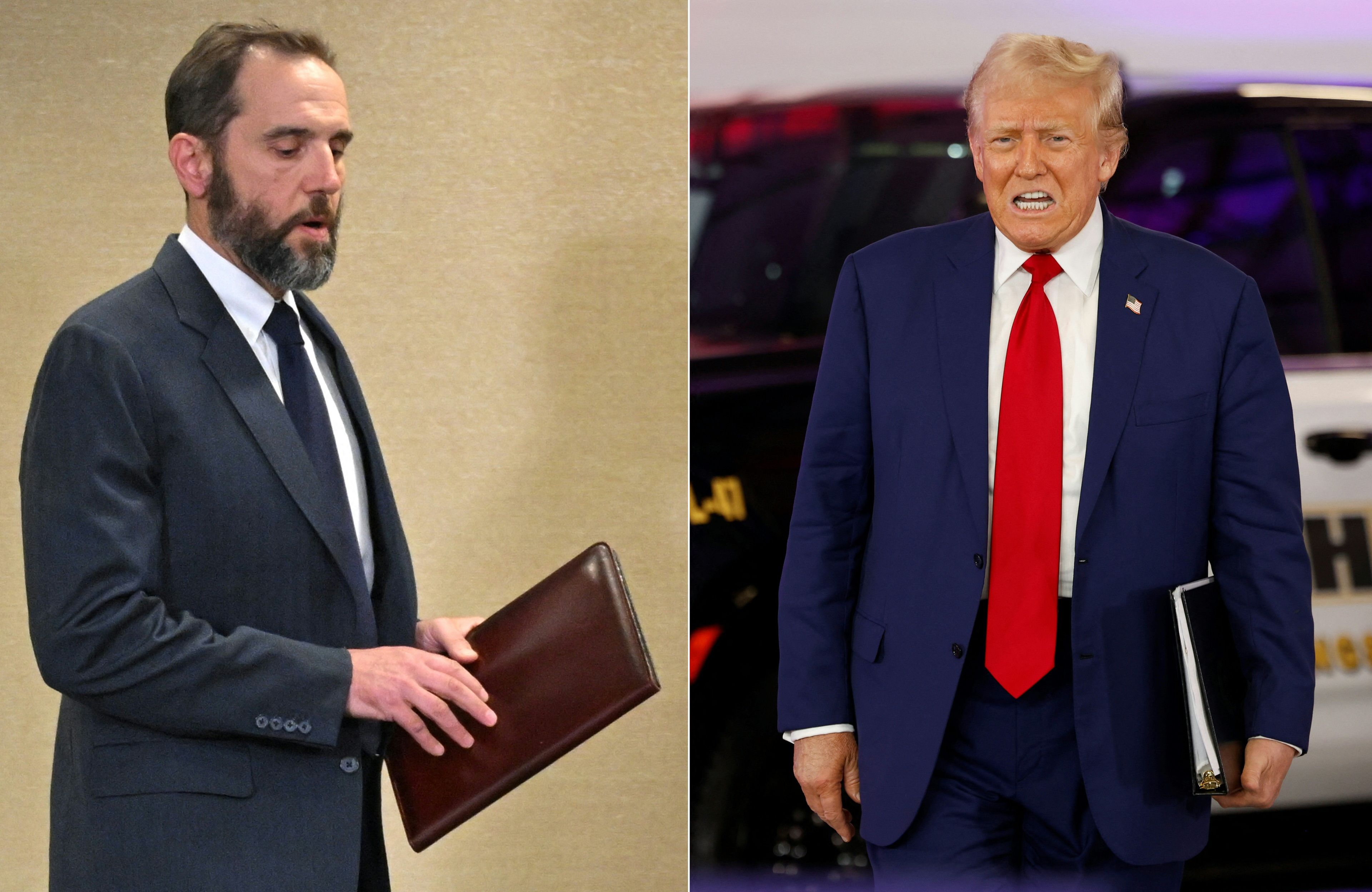 Brodaty mężczyzna w czarnym garniturze (prokurator Jack Smith) i starszy mężczyzna z opaloną twarzą w granatowym garniturze i czerwonym krawacie (Donald Trump)