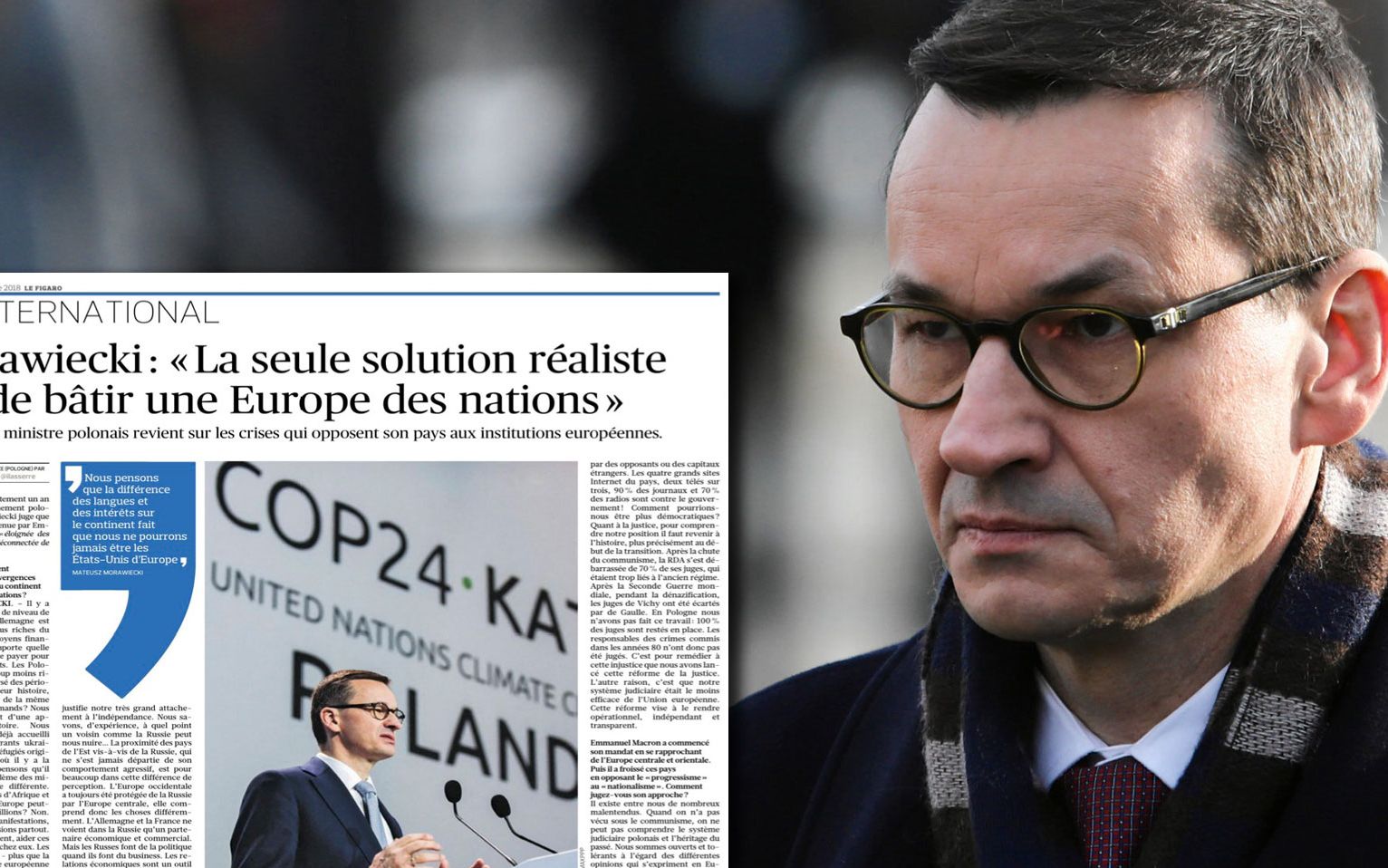 Grafika do artykułu Morawiecki szkaluje polskie sądy w „Le Figaro”. Pokazujemy dwa duże kłamstwa premiera
