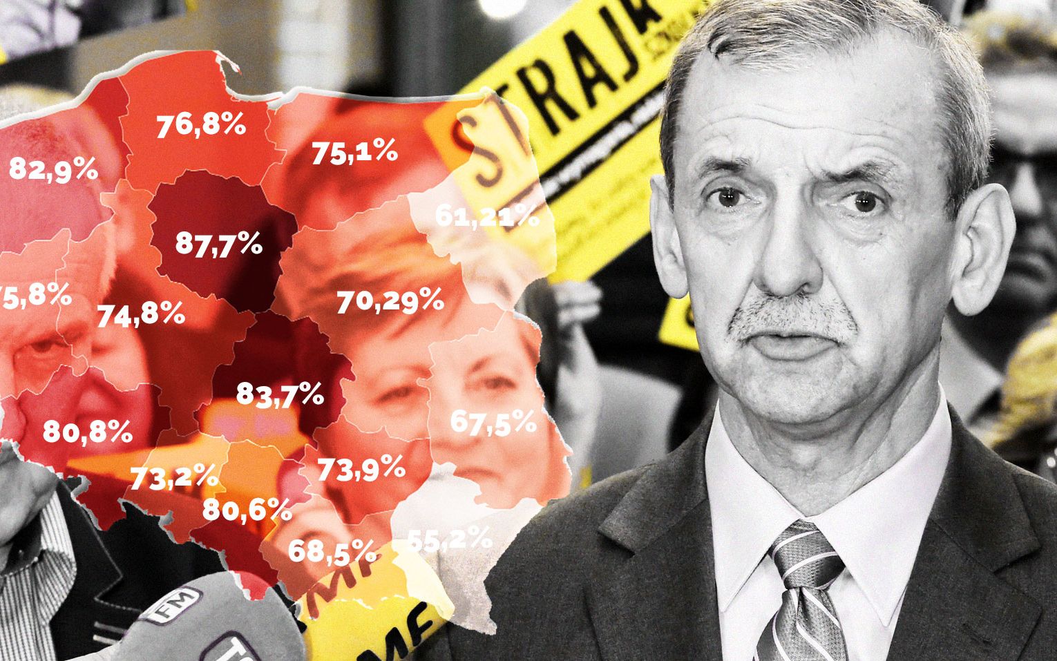 Grafika do artykułu ZNP: strajkuje 15 179 szkół,  74 proc. wszystkich. W województwach od  61 do 88 proc. Ogromne poparcie