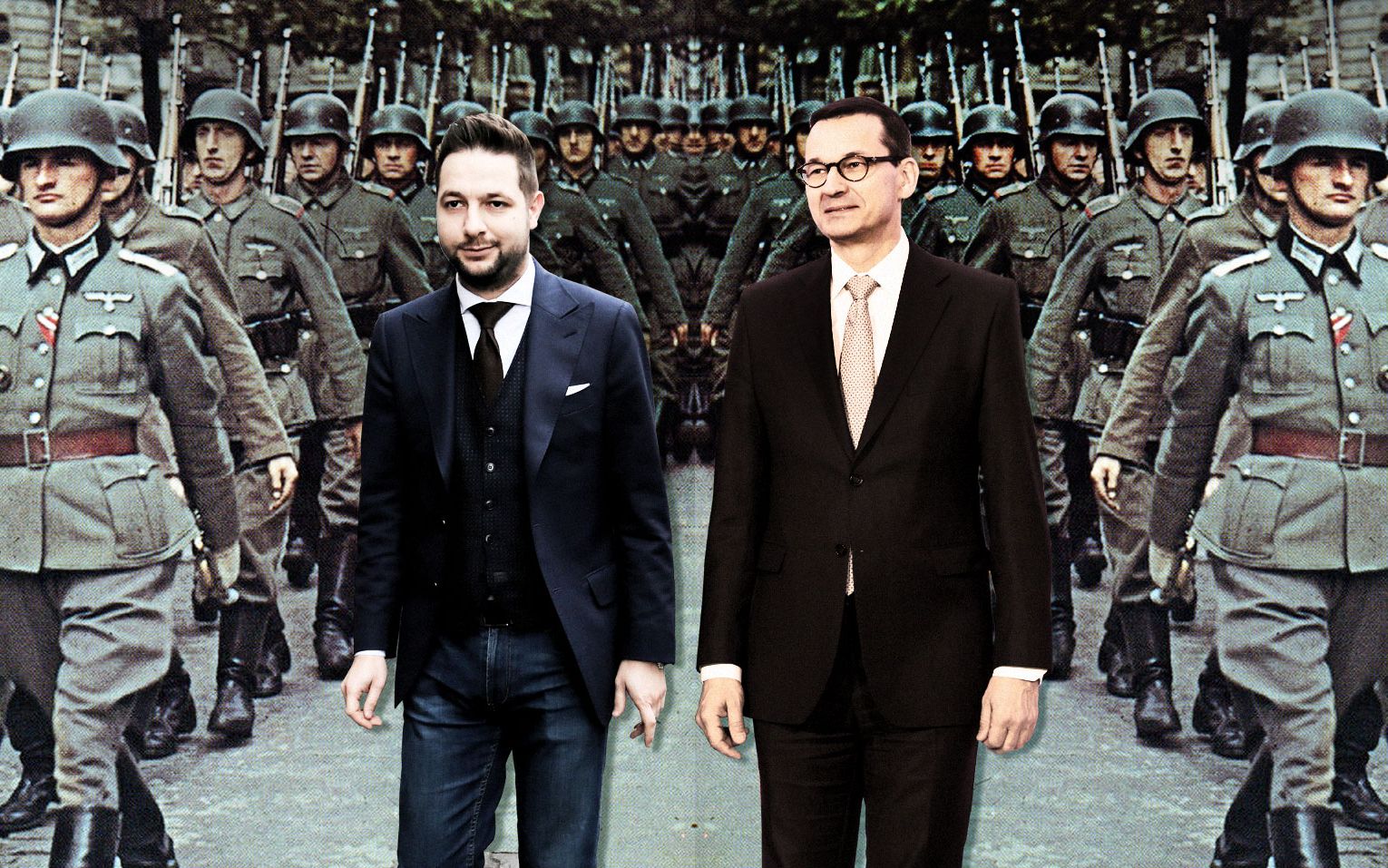 Grafika do artykułu Nauczyciele jak Wehrmacht, sędziowie jak kolaboranci. Skąd te wojenne fantazje Jakiego i Morawieckiego