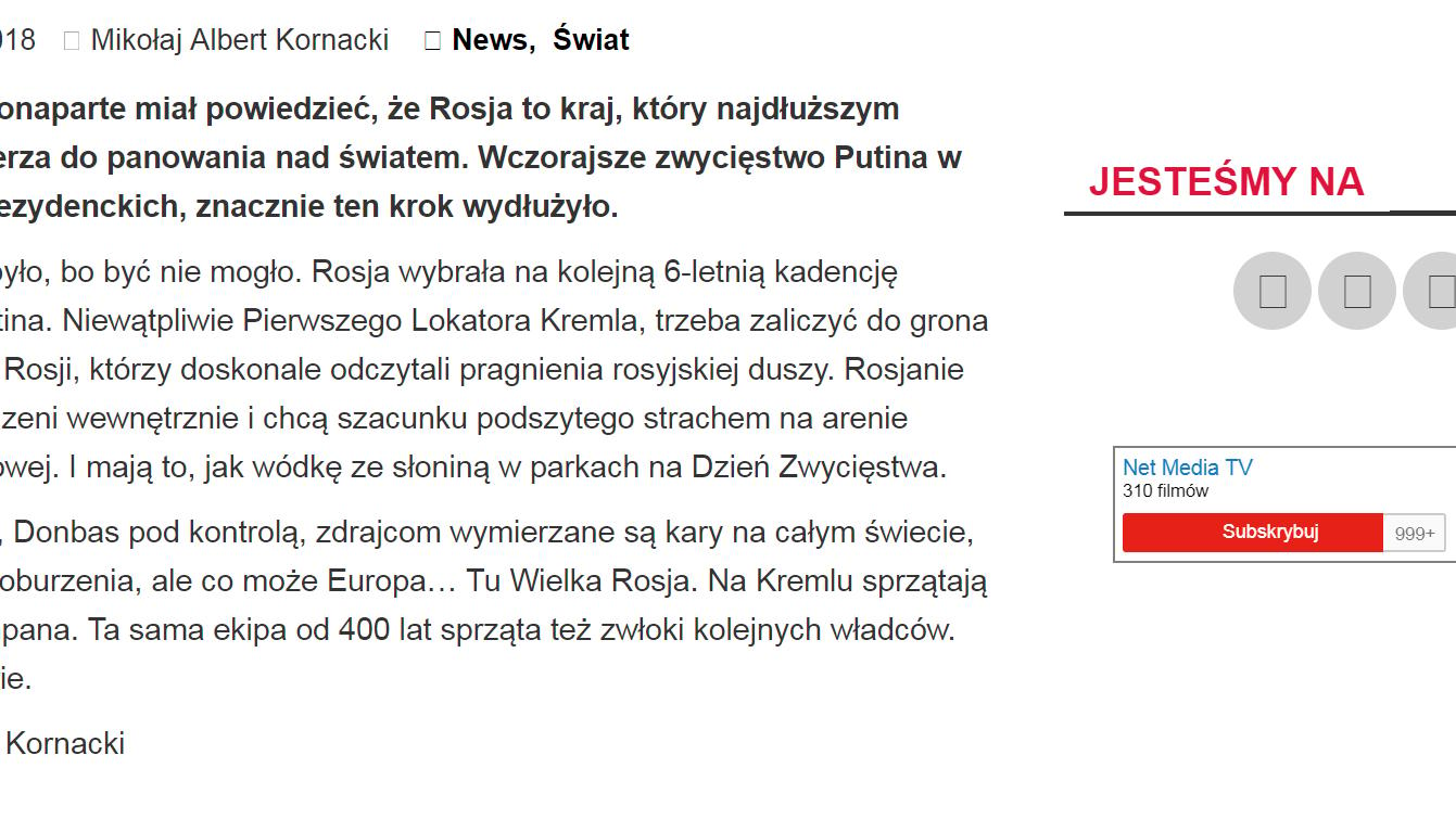 Chwalenie Putina na "Innej Polityce", portalu Jacka Podgórskiego, b. doradcy Leszka Millera.