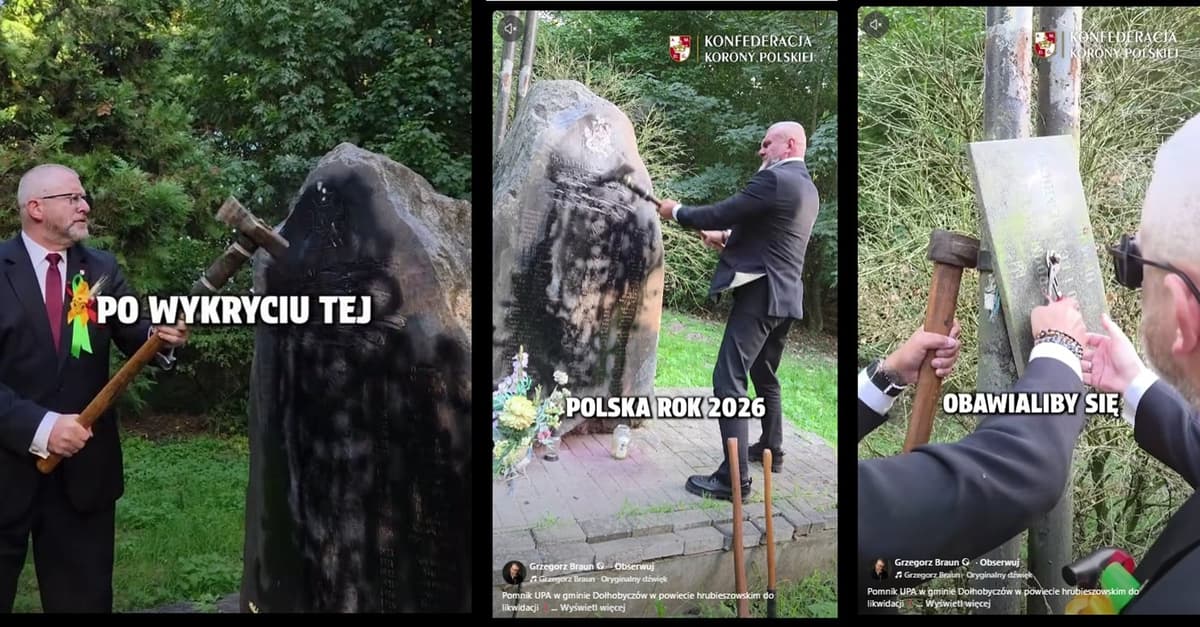 Antyukraińska prowokacja. Grzegorz Braun zniszczył pomnik żołnierzy UPA i się tym chwali