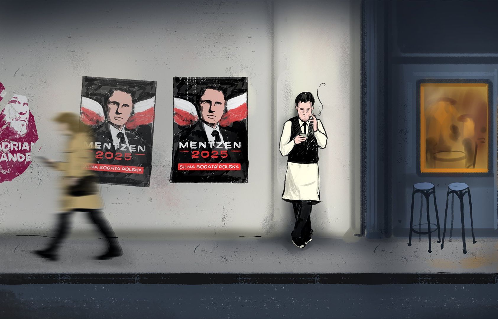 Ilustracja – ulica z barem, przy którym na przerwie na papierosa stoi kelner. Patrzy się w telefon. Obok niego plakaty Mentzena oraz jeden zerwany plakat Adriana Zandberga.