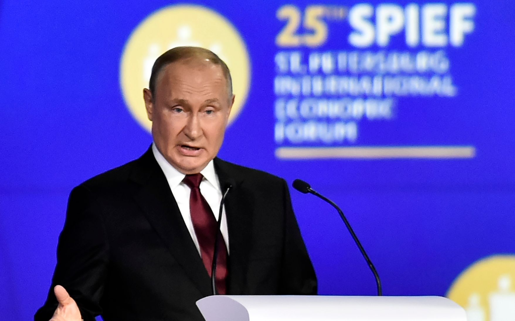 Russian President Vladimir Putin gives a speech at a plenary session of the Saint Petersburg International Economic Forum (SPIEF) in Saint Petersburg on June 17, 2022. (Photo by Olga MALTSEVA / AFP)