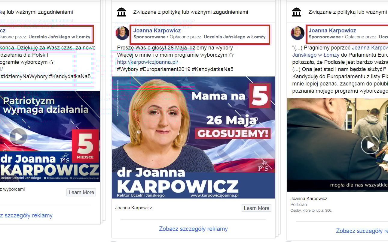 Grafika do artykułu Zawiadamiamy prokuraturę. Za reklamy wyborcze kandydatki PiS do PE zapłaciła prywatna uczelnia