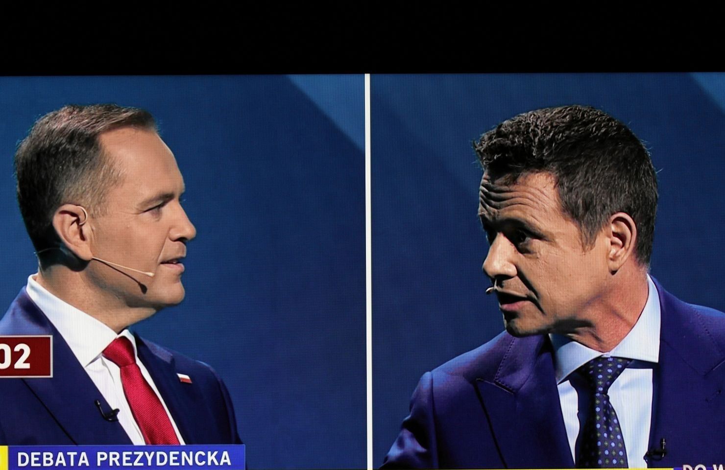 Karol Nawrocki i Rafał Trzaskowski podczas debaty w TVP, 12.05.2025 r.